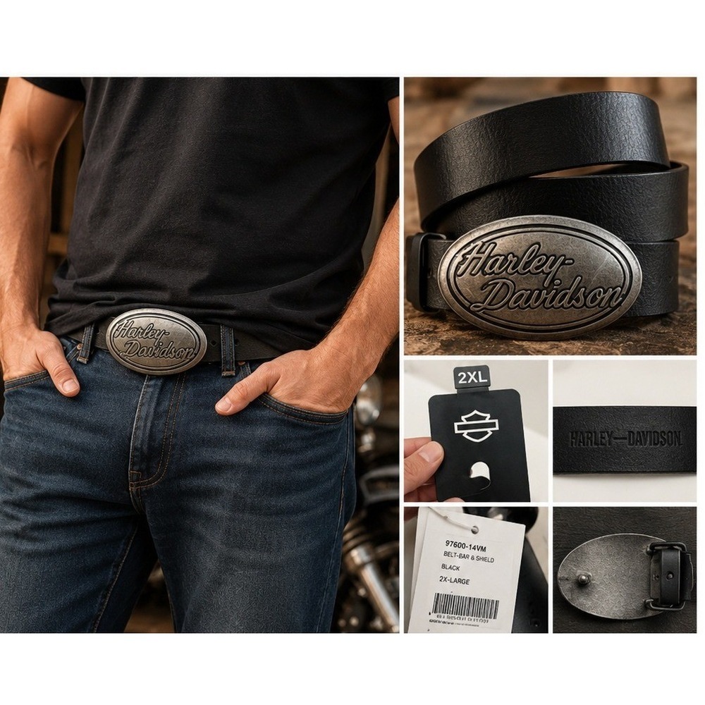 Harley Davidson Leather Belt Mens 2XL Black Script Logo Buckle BMW028 NWT